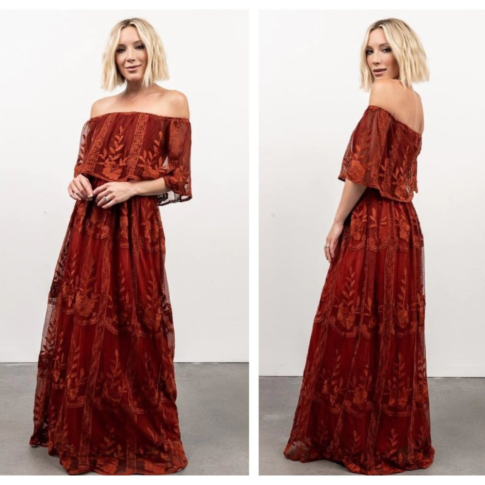 BALTIC BORN Leon Off Shoulder Embroidered Maxi Dress Rust {W38}